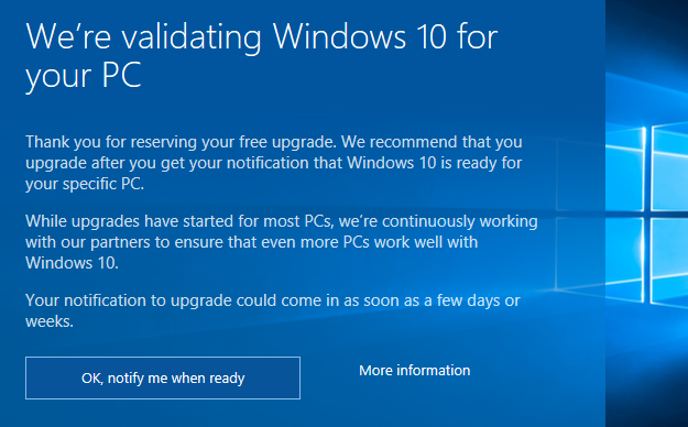 Windows 10 Free Upgrade Validating Image